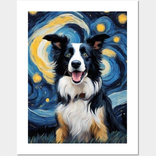 Border Collie Dog Breed Painting in a Van Gogh Starry Night Art Style Posters and Art